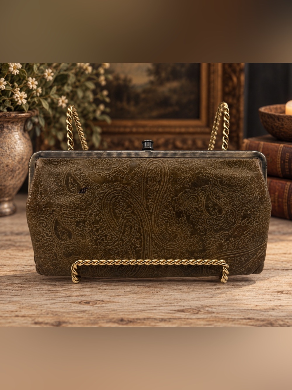 HOBO International Vintage Paisley Embossed Leather Wallet- Olive Brown #36